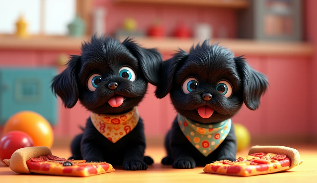 2 adorable black shih tzu puppies with big blue eyes wearing colorful collars and bandanas eating pizza 3D Pixar style