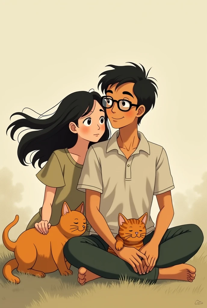 Generate an image of a Studio Ghibli couple where the tanned man wears glasses and the woman has black wavy hair and two cats, one orange and the other tabby.