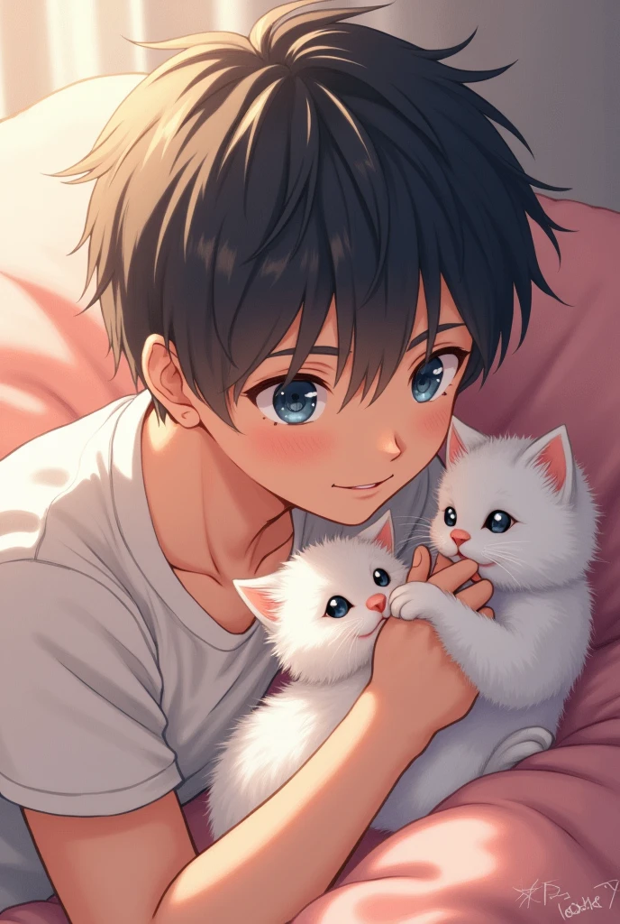 A guy with black hair and blue eyes is playing with a white kitten in the bed, anime