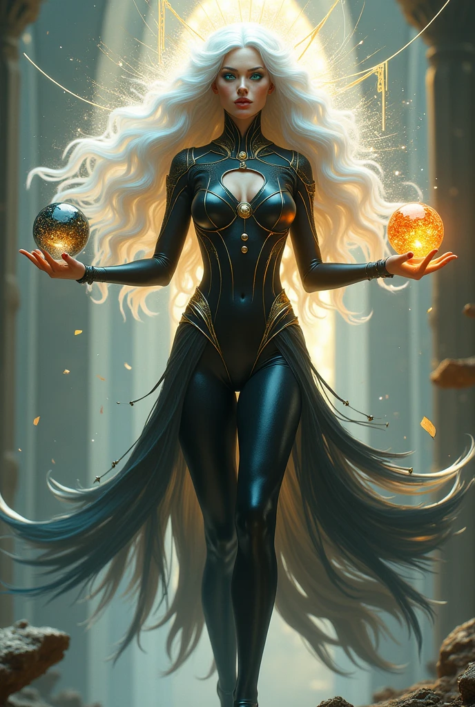 (masterpiece, Best Quality, High resolution: 1.2), 1 girl, she is a goddess_mythological, the physical expression of the perfect, her perfect face, extremely sensual, her perfect eyes, Turquoise, her extremely long white hair, her perfect body, levitating, she wears a very tight black armor with golden flashes, ((flowing liquid)), (liquid clothes), water, she is surrounded by an aura of light and rays, in her hands orbs of the elements spin in a circle, in the background you can see the fractured space