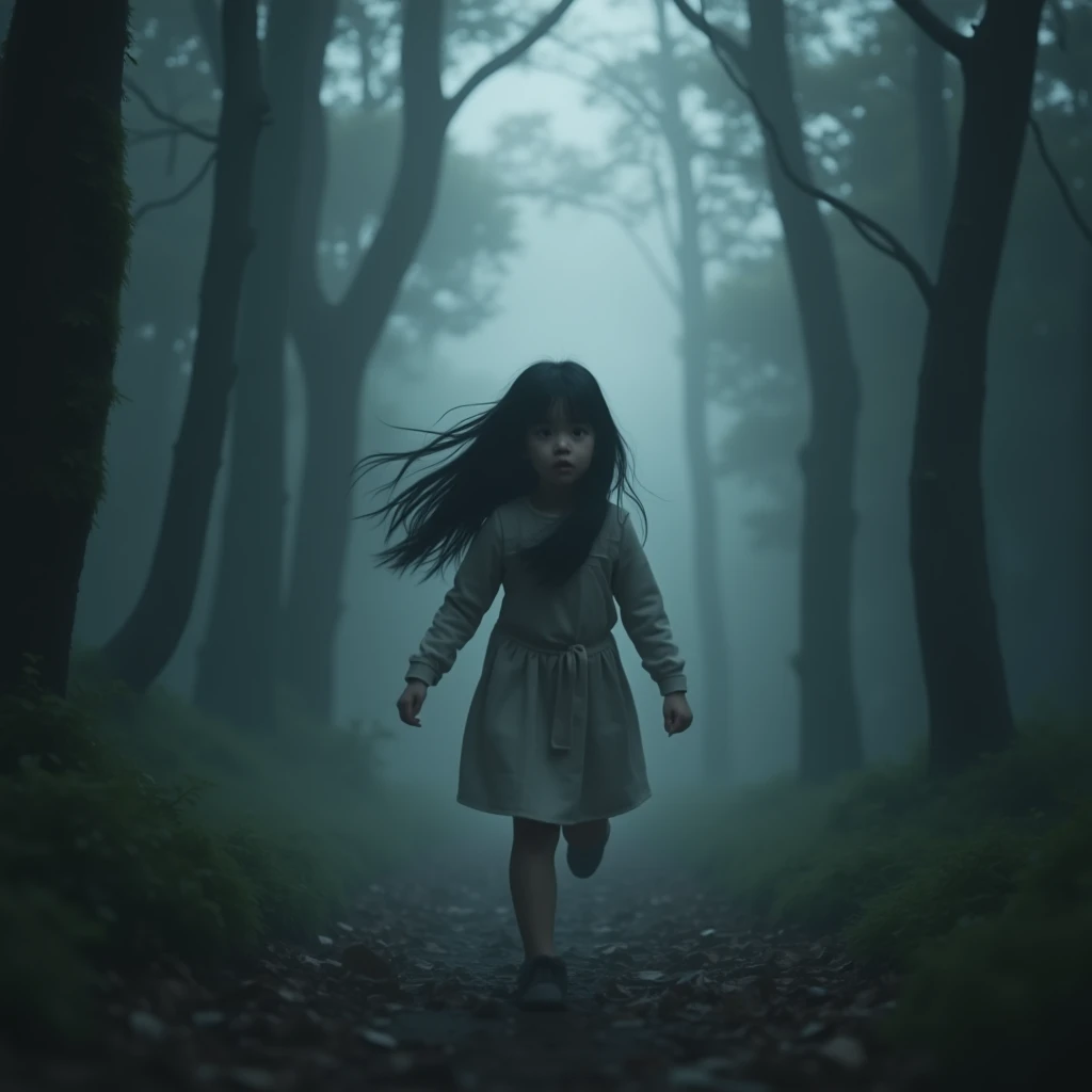 (Mysterious Fog), a beautiful young girl running through a mysterious, misty forest, The girl is facing forward and running away from a shining shadow. Her long black hair flows behind her, and a huge glowing shadow is chasing the girl. (Beautiful and cute face even in fear and panic),Fine facial features, Beautiful eyes, Soft and glowing skin, Cute apron dress, Mossy trees, (Column of light breaking through the fog), (Highest Quality, 4k, (8k), (High Resolution:1.3), (Masterpiece:1.2), (Ultra Detailed), (Realistic), (Photorealistic), (Photorealistic:1.37), Fantasy, Cinematic Lighting, Moody Atmosphere, digital art, concept art, 