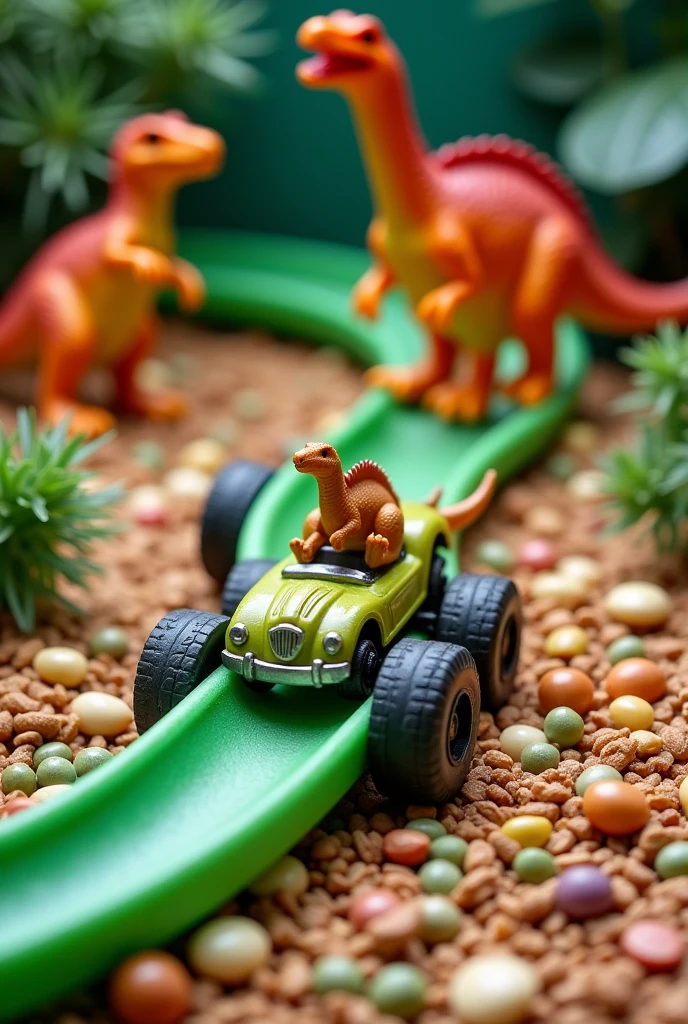 Create a sensory bin with dinosaur-themed legumes and dinosaur car tracks with green tracks and dinosaurs.