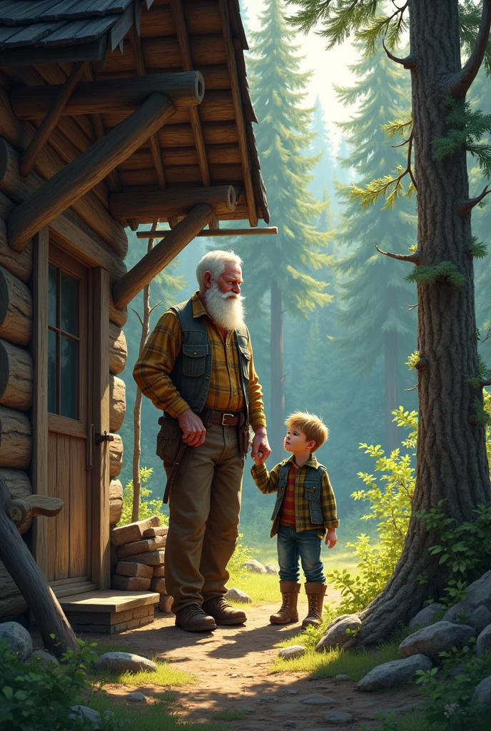 Old lumberjack in a wooden house in the forest with a boy and a  