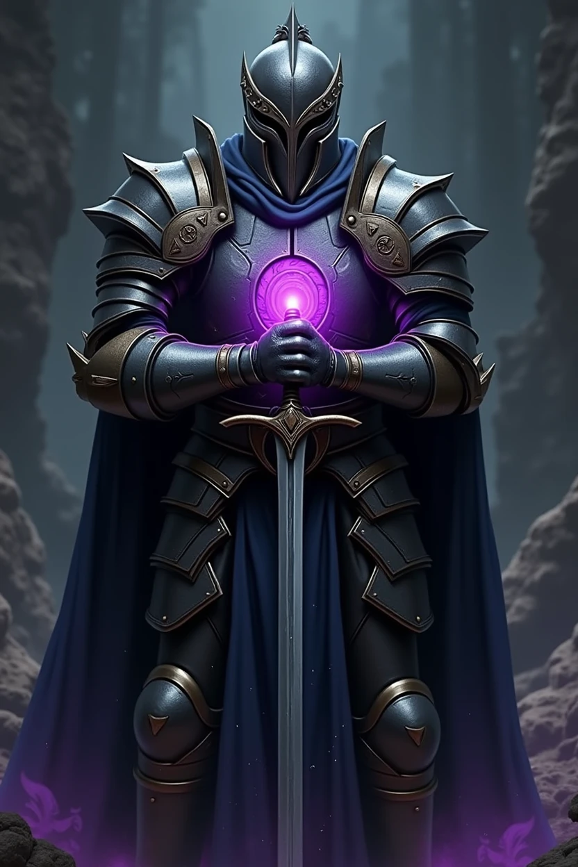 The paladin wields his sword towards the left side, On the left side, a portal of purple light is invoked