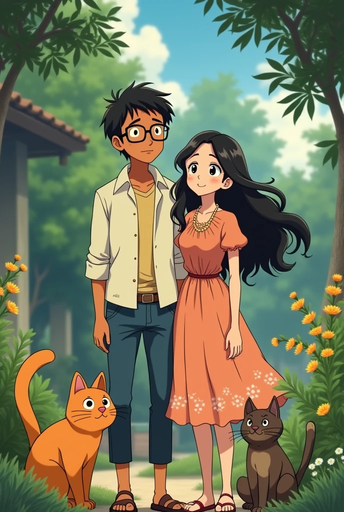 Generate an image of a Studio Ghibli couple where the tanned man wears glasses and the woman has black wavy hair and two cats, one orange and the other tabby.