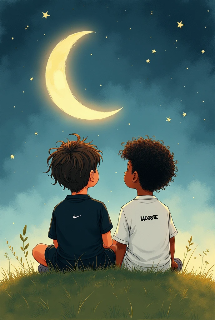 2 boys, One is white with curly hair, wearing black Nike clothes, And the other is black with curly hair, wearing white Lacoste clothes,The two sat on the hill looking at the moon "drawing style"