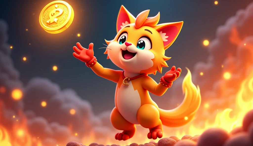 Create a 3D stylized illustration of Ignis, the fiery cat character from the SOLMON universe, in a dynamic pose as he playfully tosses a glowing gold coin into the air. Ignis should be depicted with his signature vibrant orange and red fur, with flames subtly flickering around his body. The gold coin should have intricate, glowing details, reflecting the light of Ignis's flames. The background should be a blend of cosmic and elemental themes, with embers floating in the air and a hint of digital effects to symbolize the NFT nature of the coin. The overall scene should be lively, with a sense of energy and value, capturing Ignis’s playful yet powerful personality