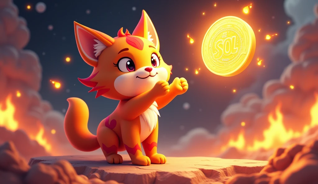 Create a 3D stylized illustration of Ignis, the fiery cat character from the SOLMON universe, in a dynamic pose as he playfully tosses a glowing gold coin into the air. Ignis should be depicted with his signature vibrant orange and red fur, with flames subtly flickering around his body. The gold coin should have intricate, glowing details, reflecting the light of Ignis's flames. The background should be a blend of cosmic and elemental themes, with embers floating in the air and a hint of digital effects to symbolize the NFT nature of the coin. The overall scene should be lively, with a sense of energy and value, capturing Ignis’s playful yet powerful personality