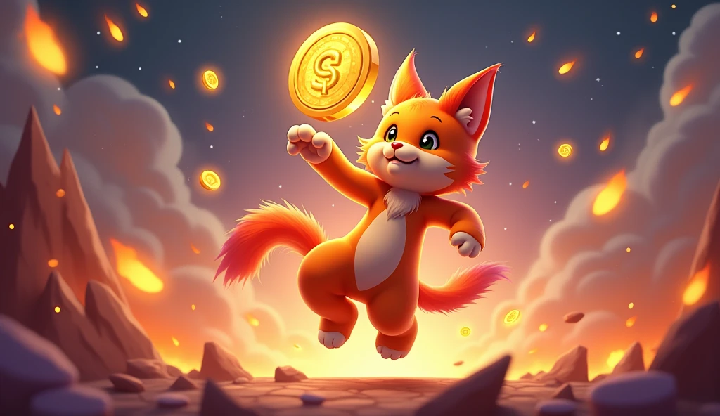 Create a 3D stylized illustration of Ignis, the fiery cat character from the SOLMON universe, in a dynamic pose as he playfully tosses a glowing gold coin into the air. Ignis should be depicted with his signature vibrant orange and red fur, with flames subtly flickering around his body. The gold coin should have intricate, glowing details, reflecting the light of Ignis's flames. The background should be a blend of cosmic and elemental themes, with embers floating in the air and a hint of digital effects to symbolize the NFT nature of the coin. The overall scene should be lively, with a sense of energy and value, capturing Ignis’s playful yet powerful personality