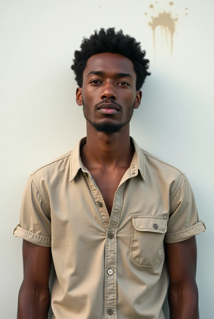 A 22 years old ethiopian lean boy wearing a shirt standing in-front of a white wall that have a stain near his head show his fully body and add the same guy next to him but make it a little bit taller and change his outfit too and make it realistic too