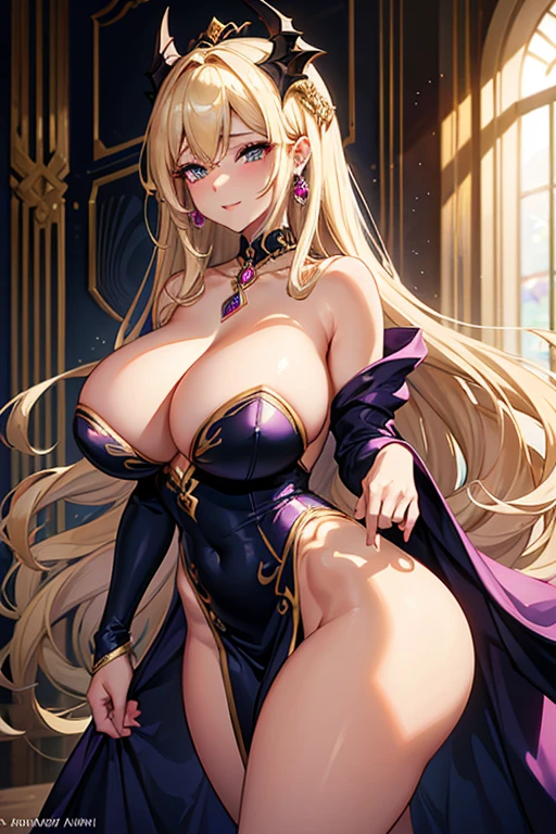 A stunning solo dragon girl with a curvaceous physique that defies the limits of human imagination. Her gargantuan butt and very curvy figure are accentuated by a low-cut dress that clings to her body like a second skin, revealing her voluptuous, ash blonde, long hair with curled ends that cascade down her back. Her amethyst eyes sparkle with a mischievous glint, framed by full, seductive lips that are curled into a knowing smile. The dress is a symphony of shimmering fabric that hugs her thick thighs and flares out around her, hinting at the powerful legs beneath. Draped over her shoulders, she wears a luxurious white fur coat that contrasts with her fiery, diamond-studded choker, drawing the eye to her ample cleavage. Her look is completed by a pair of exquisite diamond earrings that dangle from her earlobes, catching the light with every sultry movement she makes. The setting is a dimly lit, opulent room, with shadows playing across her luminous skin, enhancing the allure of her erotic presence. The dragon girl's confidence and beauty are palpable, leaving no doubt that she is the epitome of temptation and desire.