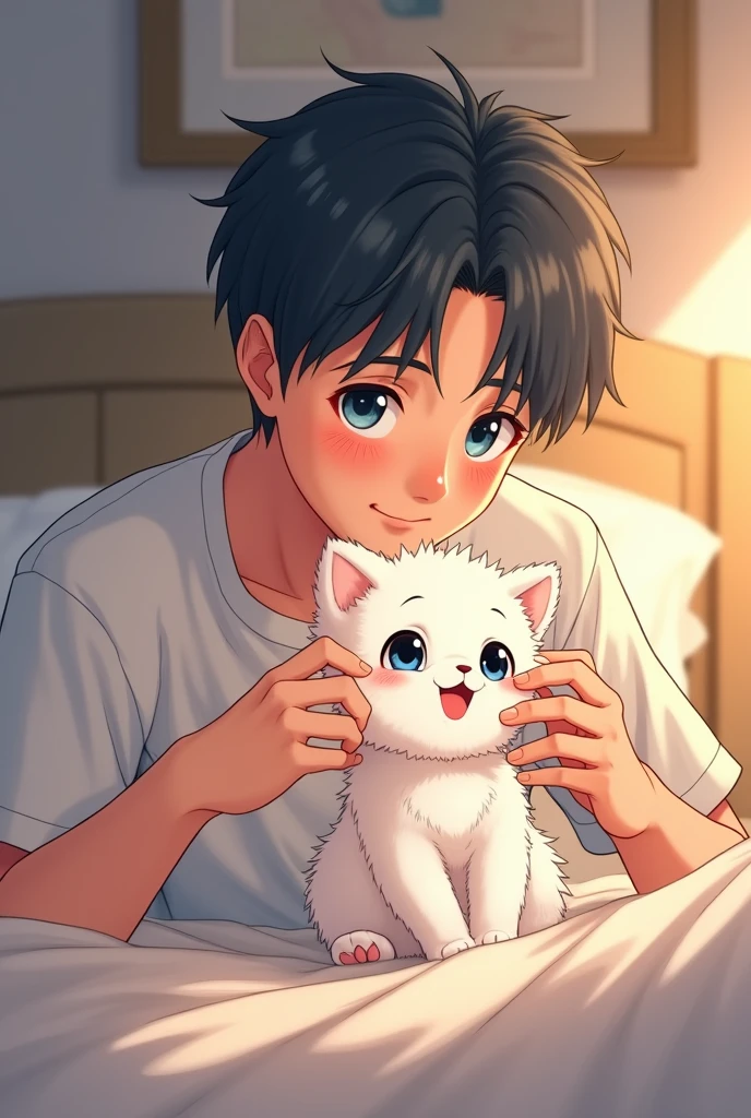 A guy with black hair and blue eyes is playing with a white kitten in the bed, anime, he's 24 