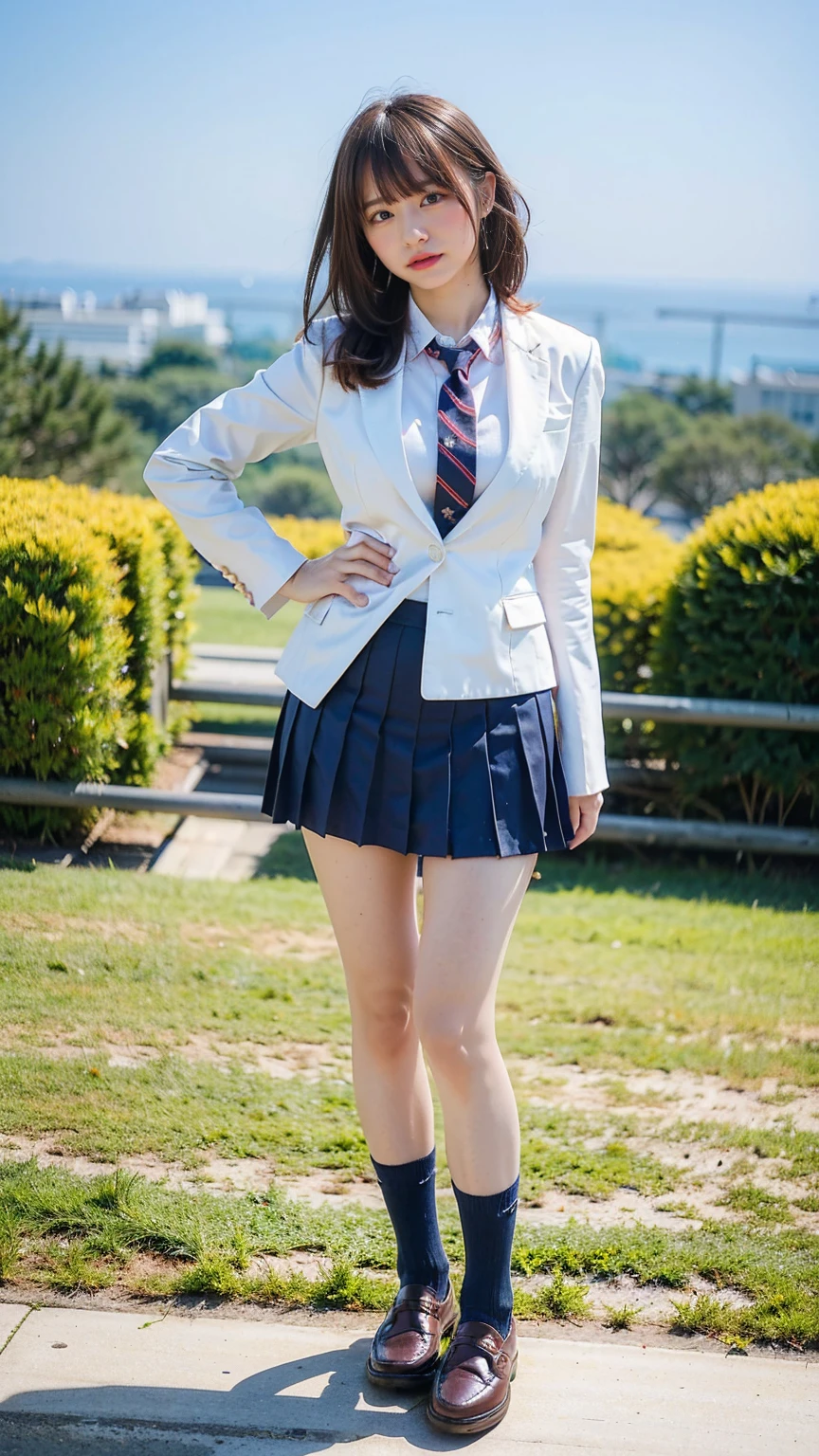 (8k、RAW Photos、Highest quality、masterpiece:1.2)、(Realistic、Realistic)、1 person、((blazer、Medium Hair、shirt、Schoolgirl uniform、loafers、Navy Socks、Check mini skirt、garden、View from the front、Looking into the camera、Hands on your hips))、cute