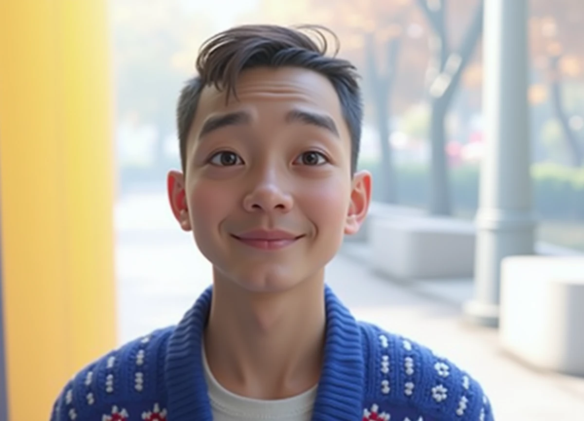 (Pixar 1.23 style) 1 boy ((upper body front, shot not bust)), standing alone, Cute boy, Brunetette, beautiful sweater, boy, korean child, park , ((work of art, highest quallity)), (composite lighting)