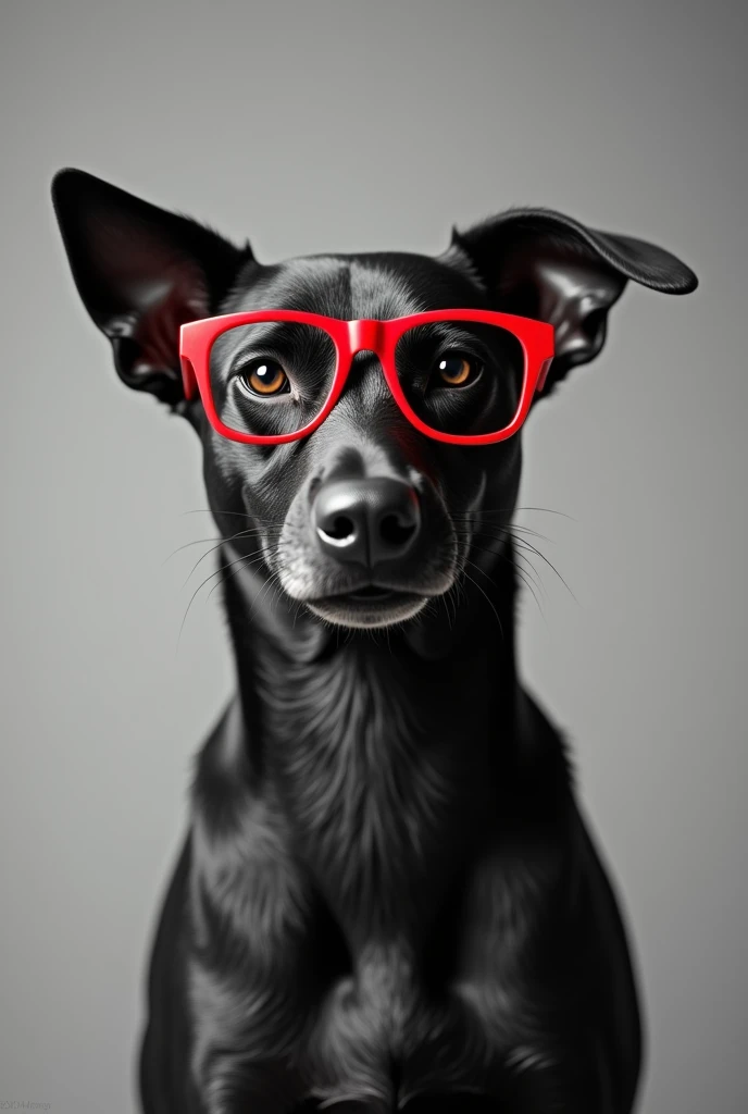 Black and white image, with a dog wearing red glasses