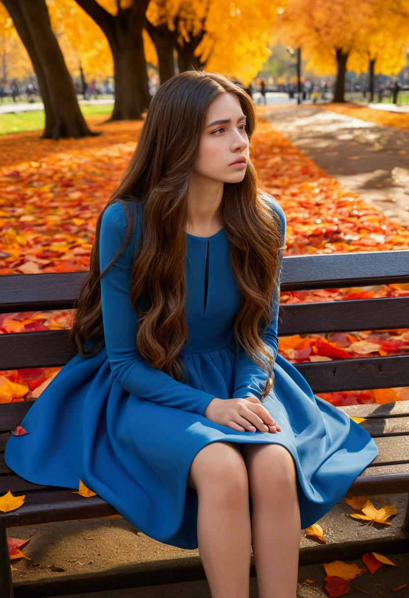 A melancholic and dissatisfied  sits on the top of the backrest of a park bench. She has beautiful long, smooth hair flowing down her back and wears a shorter, puffy blue dress that contrasts with the autumn colors around her. Her face is smooth, and a single tear rolls down her cheek, conveying deep sorrow. The shorter dress allows for the puddle of tears to be visible on the ground beneath the bench. The scene is rendered in a hyper-realistic 3D style, with intricate details. The background features stunning autumn colors—vivid oranges, yellows, and reds, with fallen leaves scattered around. The warm glow of the late afternoon sun casts long shadows across the park.