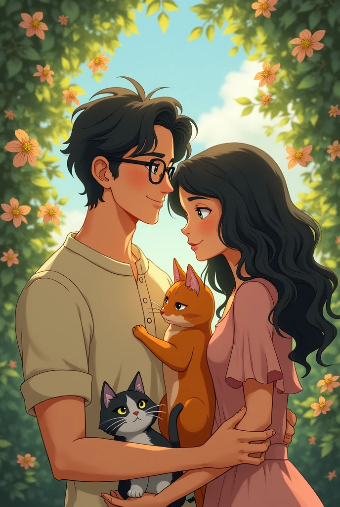 Generate an image of a Studio Ghibli couple where the tanned man wears glasses and the woman has black wavy hair and two cats, one orange and the other tabby.