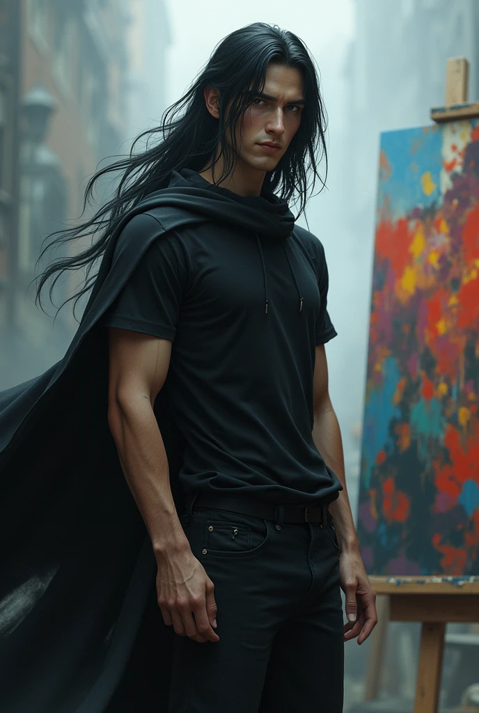 Handsome, realistic, muscular teenager
Tall with long black hair , with black clothes and handsome , beardless with a sad grayish background environment with his friends painting a colorful canvas , dressed all in black
