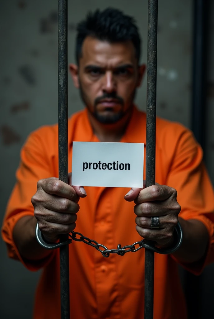 Image of a male inmate's hands, orange dress, handcuffed, Behind bars, showing a sheet of paper with text that says "protection" Spanish language text that the photo is horizontal