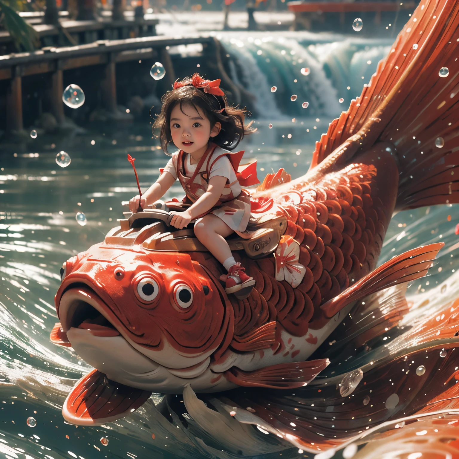  (ExtremelyDetailed(KAWAII GIRL Riding on a red fish)), KAWAII kid with Japanese clothing, Detailed KAWAII face, 8K TopQuality Ultra-detailed Masterpiece(ProfessionalPhoto:1.37),(riding(climbing(Big Waterfalls))), Sparkling Water Particles, (Luminism:1.28)