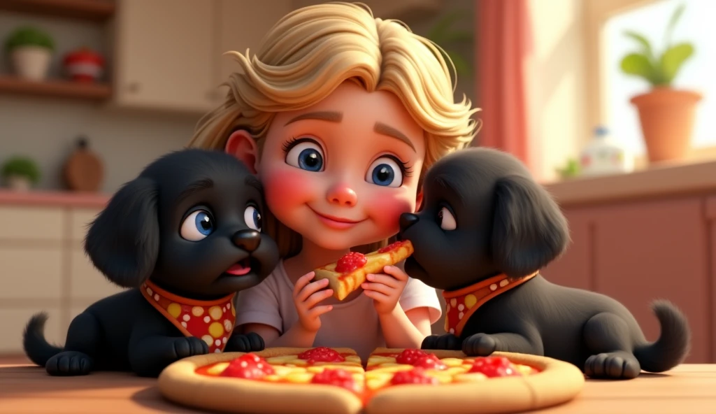 Cute blonde girl, 2 adorable black shih tzu puppies with big blue eyes wearing colorful collars and bandanas eating pizza 3D Pixar style