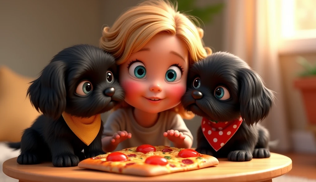 Cute blonde girl, 2 adorable black shih tzu puppies with big blue eyes wearing colorful collars and bandanas eating pizza 3D Pixar style