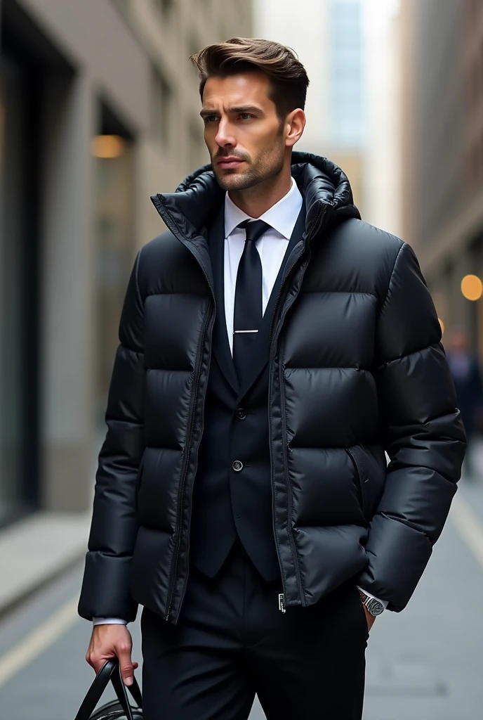 Man in down jacket and suit