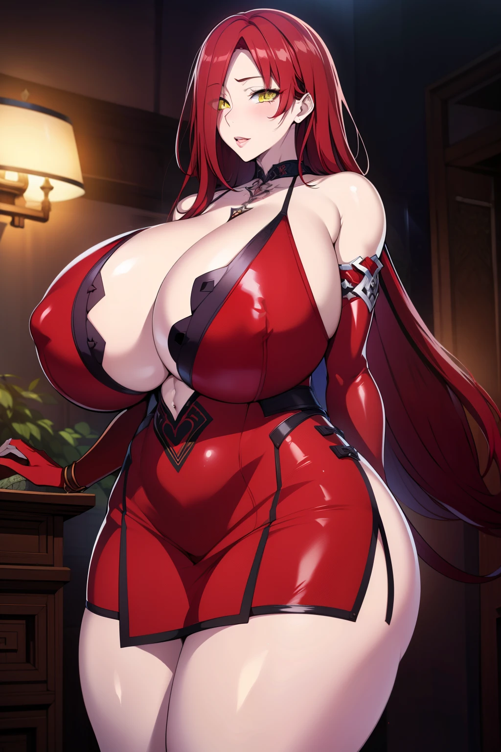 An anime-style artwork depicting astaroth from the game taimanin.

Tags: defAstaroth, hair over one eye, (chinese dress:1.1), elbow gloves, anime, detailed eyes, detailed lips, ass, bare shoulders, (red hair:1.4), , cleavage,, long hair,  solo, huge breasts,  (yellow eyes:1.1),, smiling expression, intense gaze, dynamic pose, indoor, palace, vibrant colors, digital art, high-resolution, professional quality, gigantic breasts, curvy, cowboy shot, (gigantic breasts: 1.4),