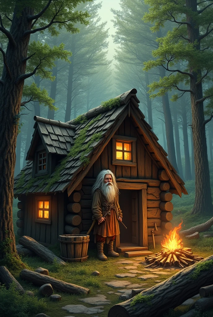 Old long-haired lumberjack in a wooden house in the forest with a and a