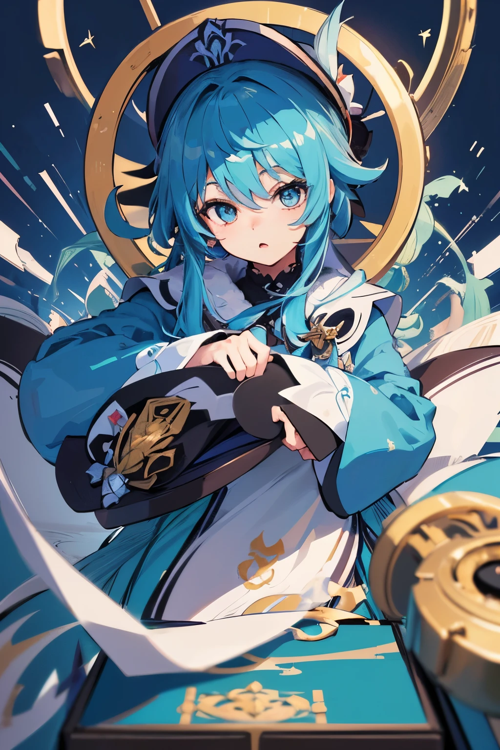 (masterpiece),(Highest quality:1.0), (Ultra-high resolution:1.0), Detailed illustrations, 8k, anime, masterpiece, He has a wide blue hat on his head, Detailed hat, Highest quality,(Unconventional persons:1.2), Letterbox, (Genshin Impact), One person, Men's Center, alone, Best,(KBXLL-san:0.5), anime style, Vibrant