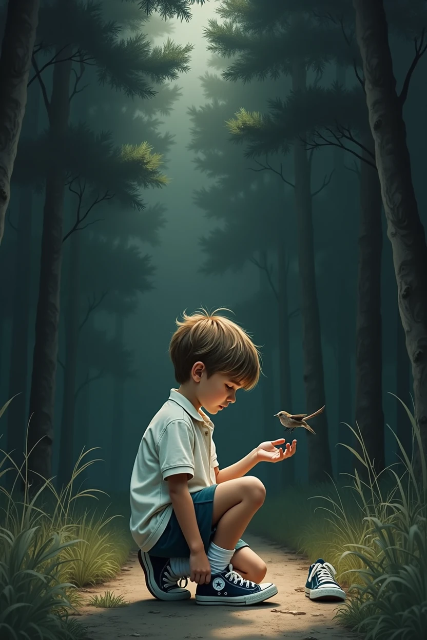 sketch style , 7, kneeling in the middle of a dark, gloomy forest letting just a few sun rays of sunlight pass through. The boy is dressed in a white button down polo shirt, wearing shorts and tube socks with converse like sneakers. The boy is holding a dead bird by its wing with his left hand. The boy is staring at the dead bird with wonder, emphazising the losing of innocence