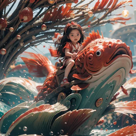 (extremelydetailed(kawaii girl riding on a red fish)only one pair of eyes), kawaii kid with japanese clothing, detailed kawaii f...