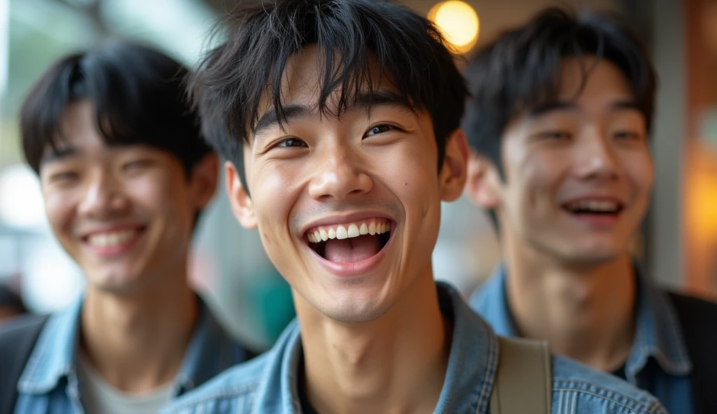 Three male Japanese university students have bright expressions,Excited, Photo of your face, With shopping as background, with a natural look, With a slightly tired look, tilt your face a little, Diagonal orientation, Average face