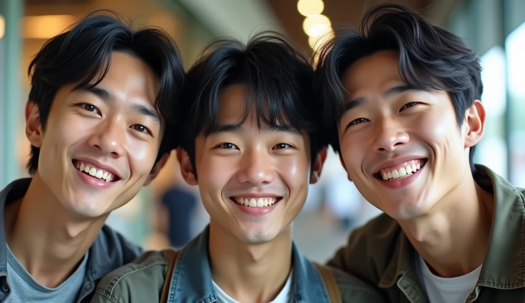 Three male Japanese university students have bright expressions,Excited, Photo of your face, With shopping as background, with a natural look, With a slightly tired look, tilt your face a little, Diagonal orientation, Average face