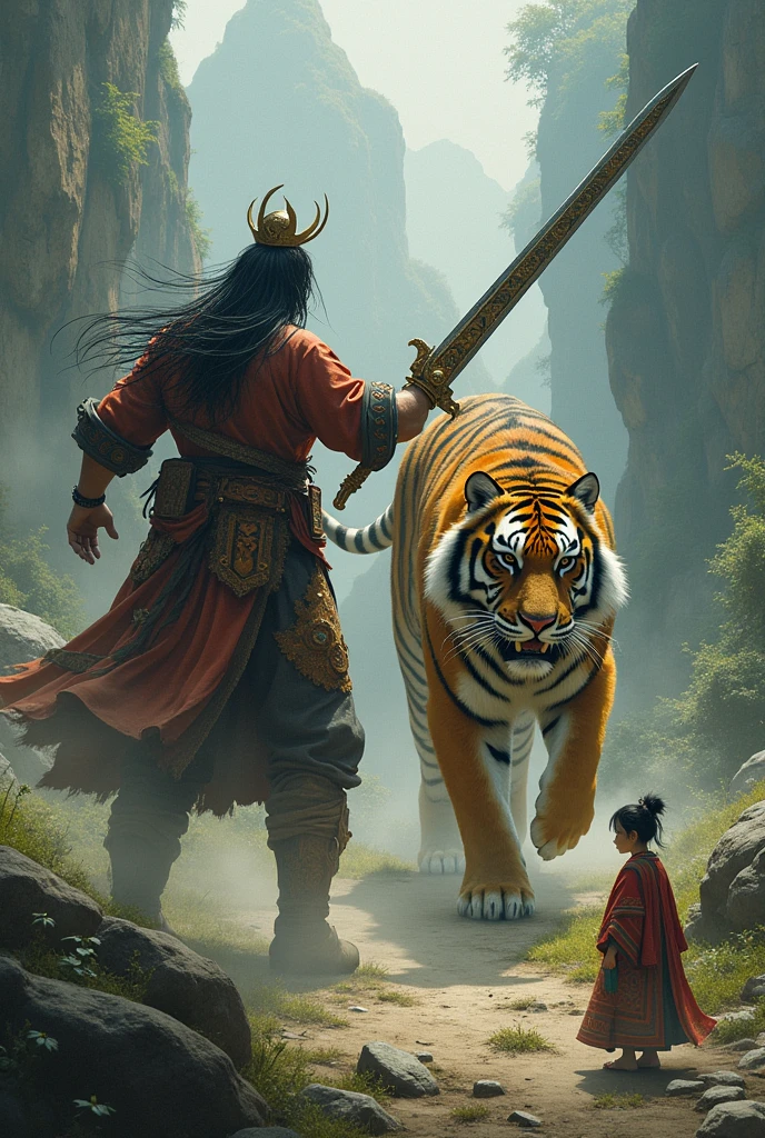 a shaman hmong with big sword fight tiger a small hmong female ghost wearing hmong cloth