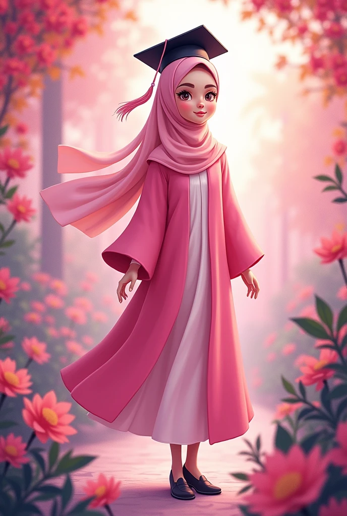 Fan art, consept art, A ,wearing hijab, wearing black graduation hat, in pink graduation gown, pink theme background, kawai theme background, leaf effect background, cute design, bright results