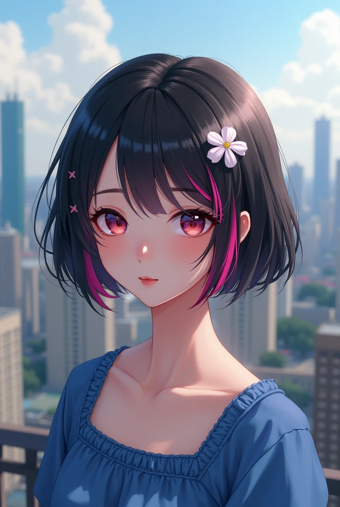 A beautiful girl with black hair and pink hair in front of her hair, her hair is short, while she has a beautiful flower in her hair, which is on the roof of the city. she is wearin blue top