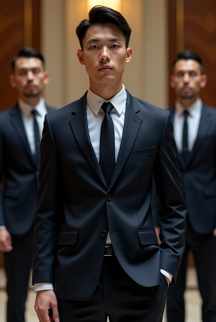20 years old boy with tie and coat standing before his 3 security guards