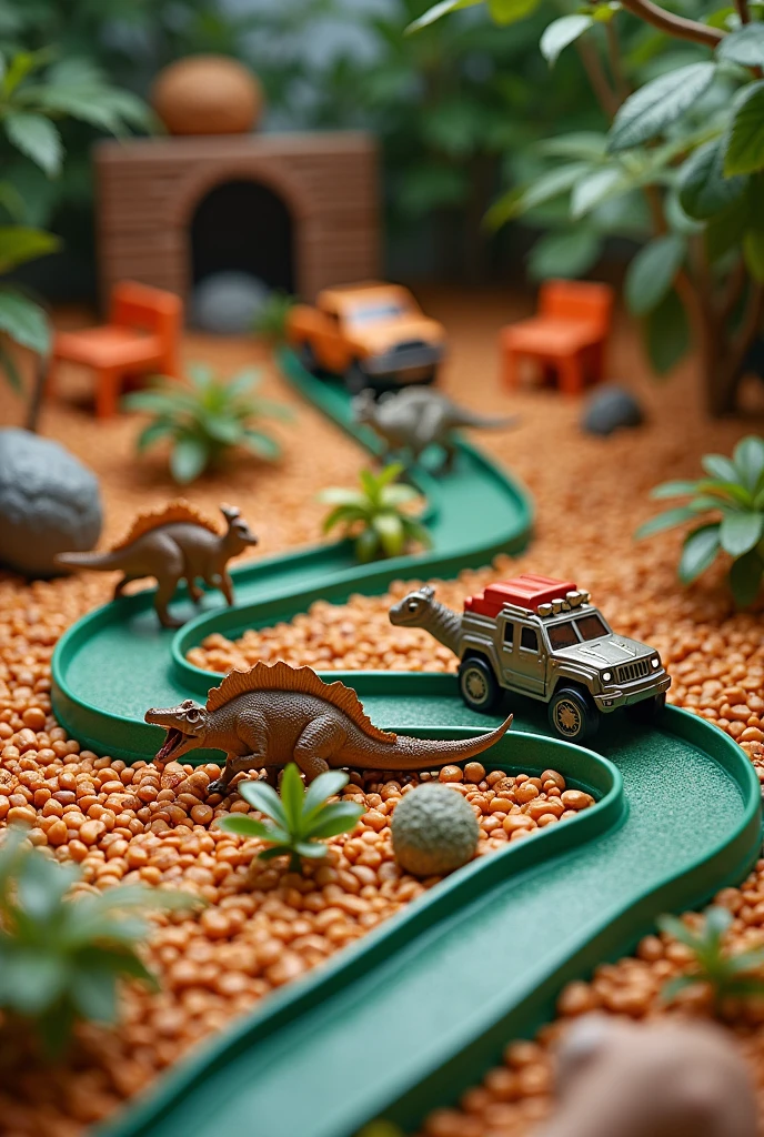 Create a sensory bin with dinosaur-themed lentils and dinosaur car tracks with green tracks and dinosaurs plus more lentil colors

