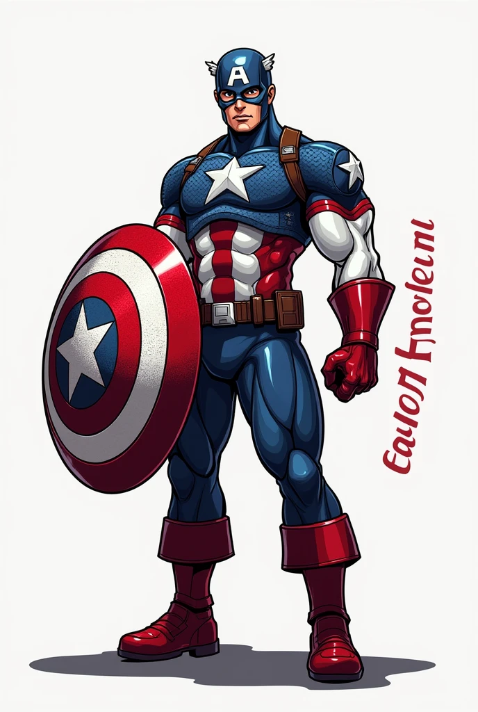 Create an image of Captain America from the Avengers, holding a crocheted shield, in a logo format with the word ActionRumi highlighted