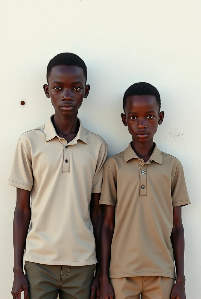 A 22 years old ethiopian lean boy wearing a shirt standing in-front of a white wall that have a stain near his head show his fully body and add his identical twin brother that is taller than him next to him and change his outfit too and make it realistic too
