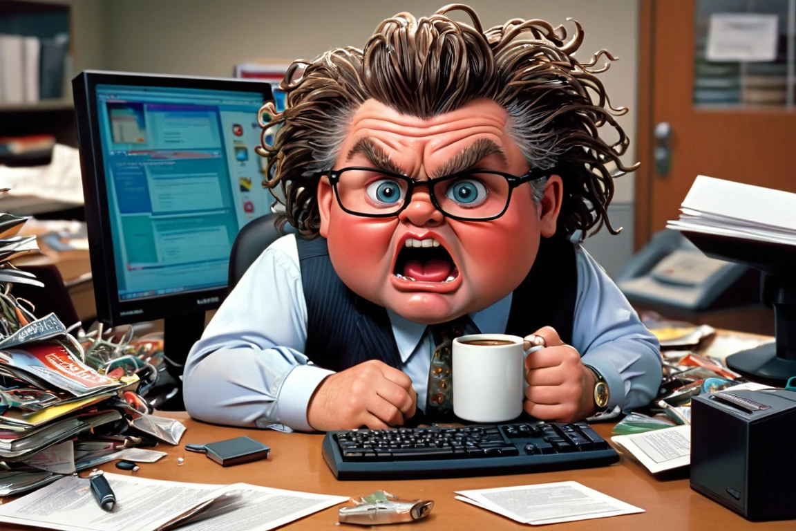 An illustration of a Garbage Pail Kids trading card featuring a quirky, exaggerated depiction of a male computer guy in an office setting, inspired by the 2005 series The Office. The character resembles a comically exaggerated version of one of the show's employees, with an over-the-top, messy appearance. He sits at a cluttered desk overflowing with tangled cables, outdated computer monitors, and coffee-stained paperwork. In one hand, he holds a white coffee mug that prominently reads 'World's Best Boss,' a nod to the iconic mug from the show. On the desk, there's a cluttered ashtray overflowing with cigarette butts, adding to the chaotic scene. His expression is a mix of frustration and mania, with exaggerated features like large, tired eyes and a wild hairstyle. The office background includes humorous details reminiscent of The Office, such as a stapler in Jello, sticky notes, and a chaotic stack of keyboards. The illustration is vibrant and exaggerated, capturing the iconic, slightly gross-out humor typical of Garbage Pail Kids while nodding to the setting and humor of The Office