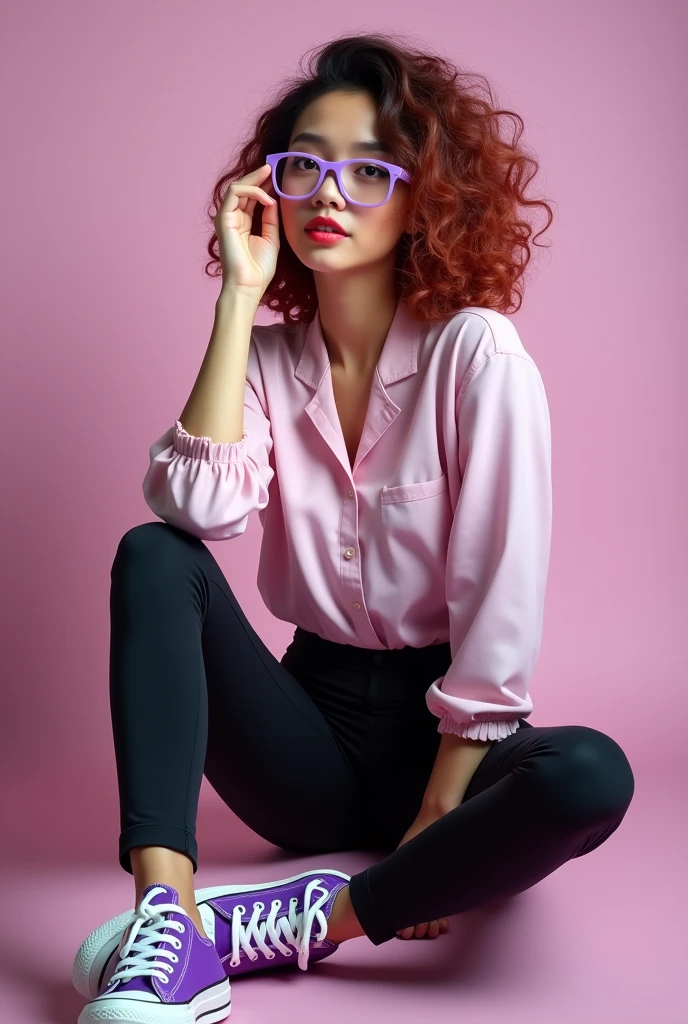 Asian woman with purple glasses, curly hair, a pink blouse, black leggings, and purple Converse shoes.