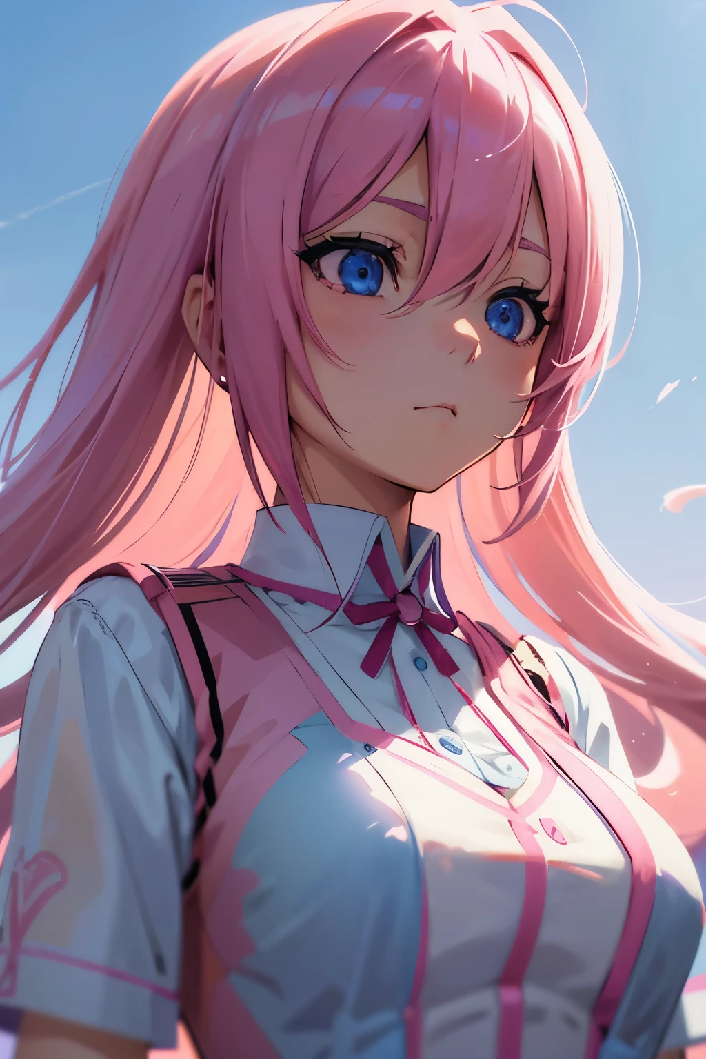 anime girl with pink hair and blue eyes weaAlsog a vest, April Rendering, sayori, Another close-up of Iwakura, 8K Portrait Rendering, Cute 3D anime girl render, Photorealistic anime girl rendering, Smooth anime CG art, Close up of a young anime, Cute anime visuals, Also, Anime Moe Art Style