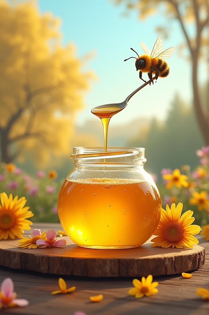 A beautiful and shiny glass jar of honey with a spoon containing honey, and the honey dripping from the spoon as it's angled next to the jar. There's a big, sweet, cute, chubby, fuzzy bee with pollen grains on its body. This honey jar is on a wooden table surrounded by beautiful flowers on a sunny day with a blue sky.