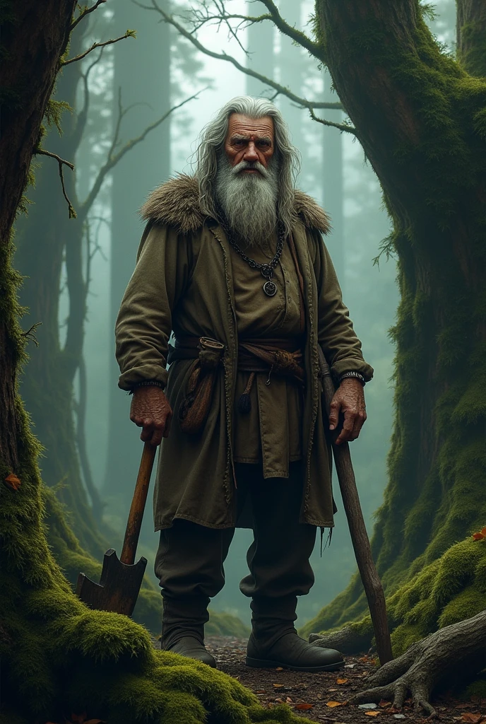 Old woodcutter with long hair