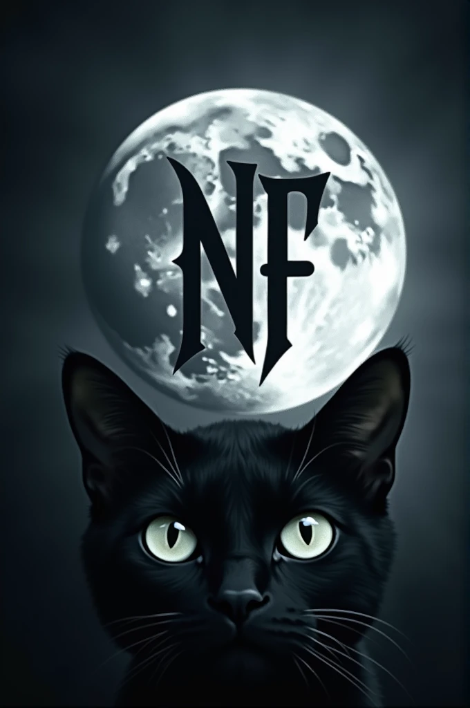 Full moon with a black cat's eyes in the background and the letters NF in the center of the moon