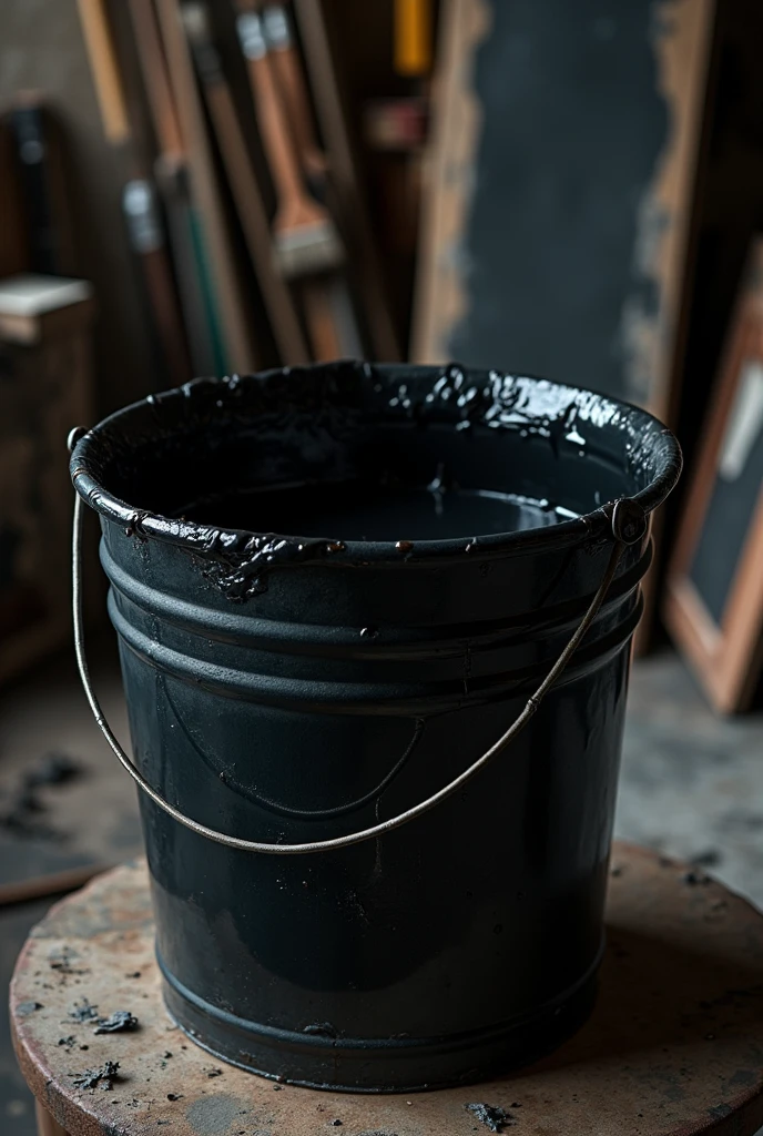 A bucket of black paint