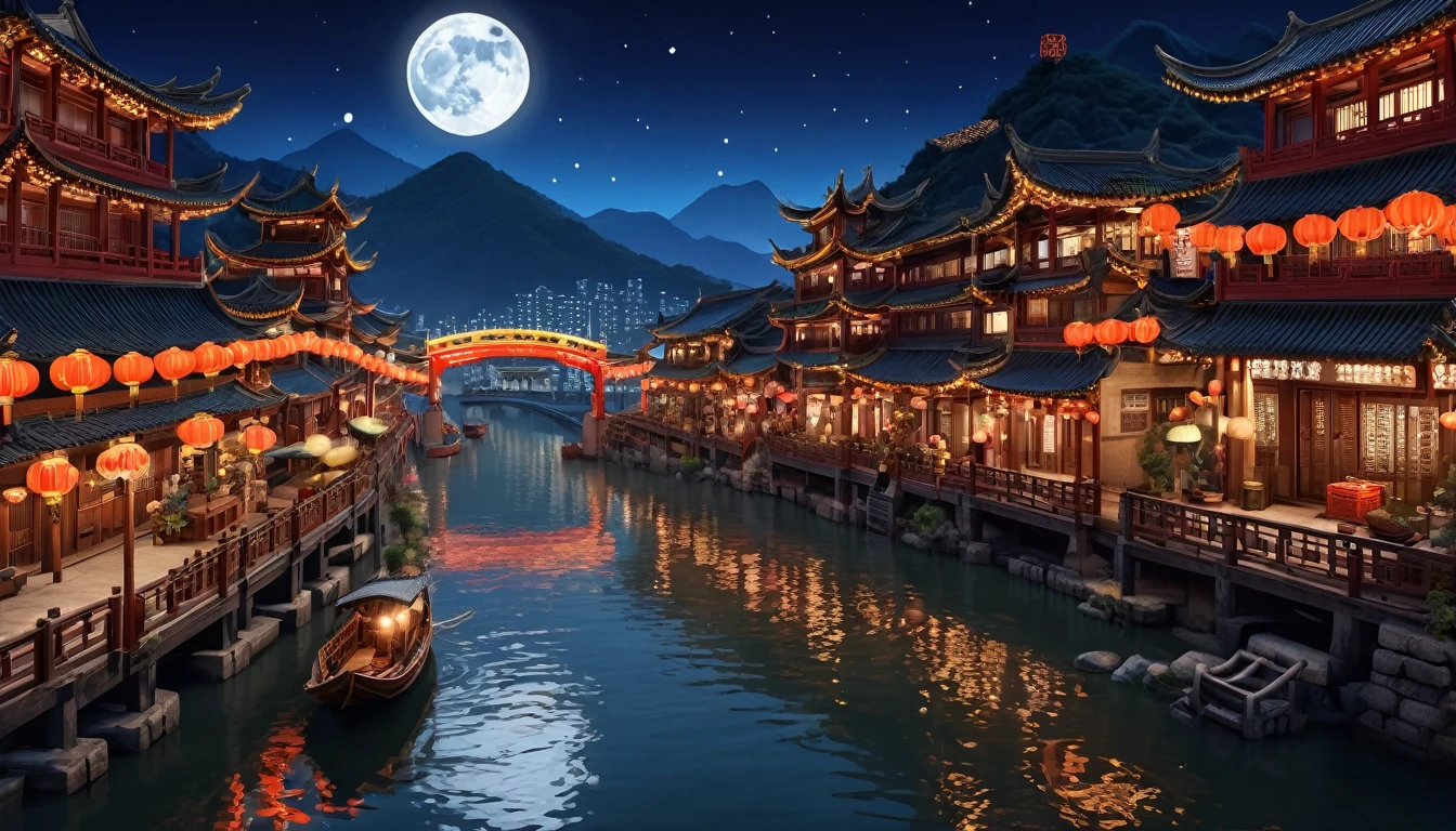 masterpiece, top-quality, depth of fields, high details, 8K, anime a night scene of china town, lots of shop outlets, chinese lanterns, detailed background, high angle view, beside a river, wooden boats, a large bridge on the front, moon, mountains background