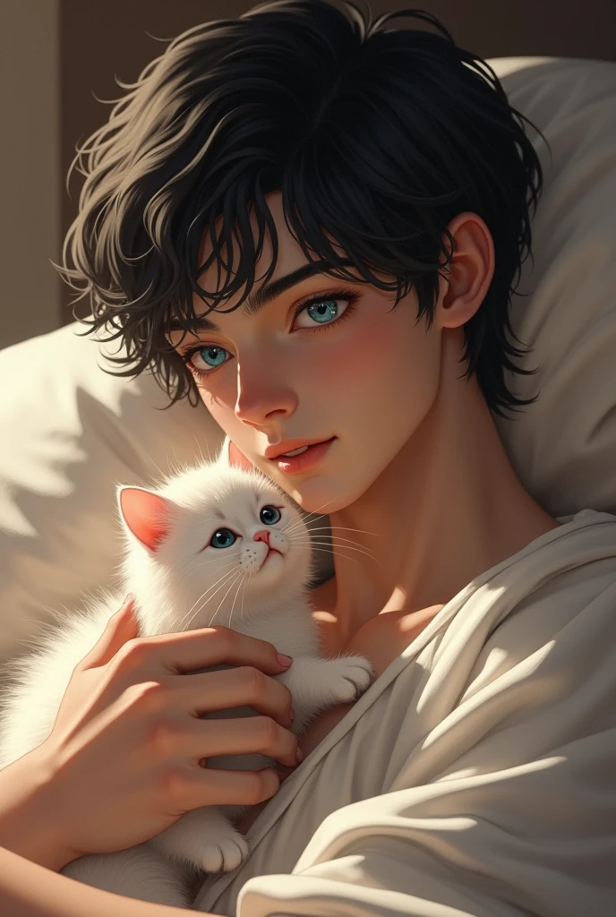 A guy with black hair and blue eyes is playing with a white kitten in the bed, he's 24, draw